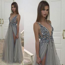 Sexy High Side Split Evening Dresses New Deep V Neck Sequins Tulle Long Grey Evening Gowns Sheer Backless Prom Dresses