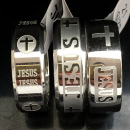 30pcs Mixed Etched JESUS Silver Rings Mens Engraved Cross Religious Stainless Steel Ring High Quality Comfort fit Man Ring Wholesale Jewellery