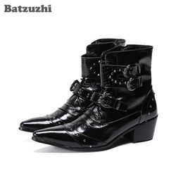 Batzuzhi Western Handsome Men Boots Pointed Toe Black Leather Ankle Boots Buckles 6.5cm Motorcycle Boots Men Party and Business