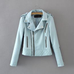 Hot Sale New Fashion Women Spring Autumn Soft Faux Leather Jackets Lady Motorcyle Zippers Biker Blue Coats Black Outerwear