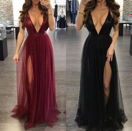 Mulheres Party Ball Vestido Vestido Deep V Neck Sem Mangas Vestido Alto Cintura Plissada Malha Roupas Mulheres Long Formal Dress