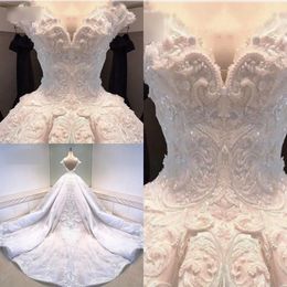 Luxury Dubai Wedding Dresses Off The Shoulder Lace Appliques Pearls Beaded Country Wedding Bridal Gowns Court Train Vestidos De Novia