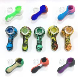 3'' Spoon Shape Silicone Pipe with Glass Bowl Piece for Tobacco Dry Herb Mini Smoking Hand Pipes Unbreakable Colourful Oil Burner