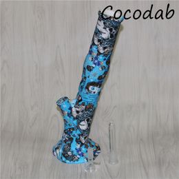 Hot sale heady silicone water pipe non fading printing silicone bong glass bong dab rig thick glass pipe Hookah DHL free