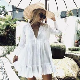 2019 NEW Women White Long Sleeve Sweet Holiday Ruffles Bikini Cover Up Swimwear Bathing Summer Beach Loose Blouse Shirt Dress