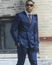 Brand New Navy Blue Men Wedding Tuxdos Double-Breasted Groom Tuxedos Excellent Men Jacket Blazer 2 Piece Suit(Jacket+Pants+Tie) 2663