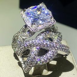 US Size 5-10 Hip Hop Vintage Fashion Jewelry 925 Sterling Silver Couple Rings Princess Cut White Topaz CZ Diamond Wedding Bridal Ring Set