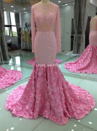 2019 Real Photos Pink Colour Mermaid Prom Dress Sexy Beaded Crystals Long Sleeves Party Gown Custom Made Plus Size