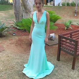 Mermaid Evening Dresses Long 2021 Sexy V-neck Backless Prom Gowns Formal Sweep Train Turquoise Vestidos De Fiesta