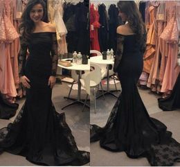 Black Long Sleeve Evening Gowns Prom Dresses Appliques Formal Lace up Back Vestido De Noche Special Occasion Dresses Free Fast Shipping