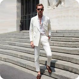 Summer Ivory Beach Men Suits For Wedding Suits Double Breasted Casual Slim Fit Groom Wear Blazer Tuxedos 2Pieces Best Man Prom Jacket+Pants