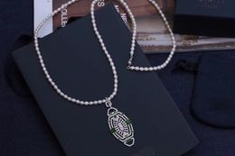 Fashion-y Green Blue Shield Cubic Zircon Pearl 925 Sterling Silver Long Necklace Created Collar Sweater Women Wedding