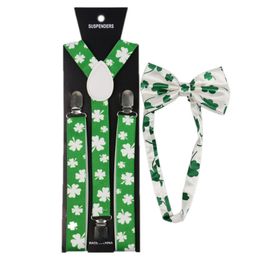 HOTSuspenders + Bowtie Set 2.5*100CM Elastic Y-back 3 Colours Clover Suspenders Adjustable Hallowmas braces for Adult Clip-on Christmas