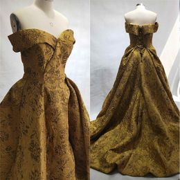 New Gold Lace Pattern Evening Formal Dresses Modest Off Shoulder Sexy Split Sweep Train Dubai Arabic Occasion Prom Gown