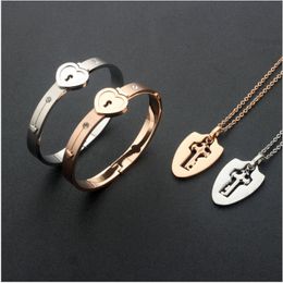 Stainless Steel Couple Bangles Bracelet Necklaces Lock Key Pendant Jewellery Set for Boyfriend Girlfriend Birthday Valentine's 230x