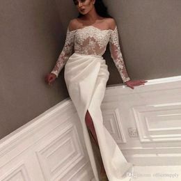 New White Sheath Prom Dresses Elegant Off Shoulder Long Sleeves Sheer Appliques Split Mermaid Evening Mother of Bride Gowns Robe de mariee