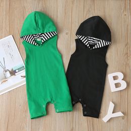 Baby Rompers Newborn Clothes Sleeveless Solid Stripes Boy Kids Hooded Rompers Cotton One Piece Jumpsuit Casual Outfit for 0-12M