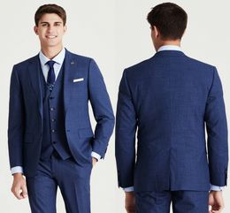 New Blue Groom Tuxedos Peak Lapel Groomsman Wedding 3 Piece Suit Fashion Men Business Prom Party Jacket Blazer(Jacket+Pants+Vest)