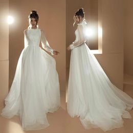 Tony Ward eine Linie Hochzeits-Kleid-Ausschnitt mit langen Ärmeln durchschauen SpitzeAppliques Brautkleider Sweep Zug Brautkleid Plus Size