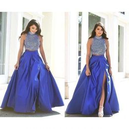 2019 New Modest Two Pieces Prom Dresses Vestidos Arabic Royal Blue Long Beaded Top Backless Slit Side Sexy Party Dresses Evening Gowns