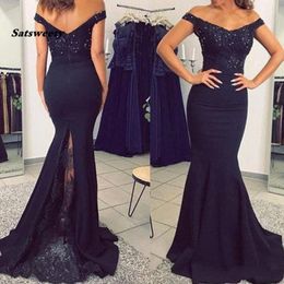 Schwarzes Meerjungfrau-Abschlussballkleid mit Spitzenapplikation, langes formelles Abendkleid mit Perlenstickerei für Partykleider