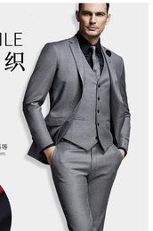 Grey Groom Tuxedos Notch Lapel Groomsmen Mens Wedding Dress Popular Man Jacket Blazer Prom Dinner 3 Piece Suit(Jacket+Pants+Vest+Tie) 1276