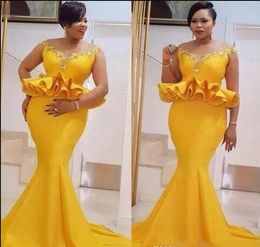 African Mermaid Yellow Plus Size Evening Gowns Sexy Appliques Peplum Off Shoulder 2019 Prom Dresses Satin Special Occasion Dress for Women