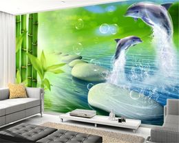 Decor Mural Wallpaper Bamboo Dolphin Pebble Fresh Background Digital Printing HD Decorative Beautiful Wallpaper