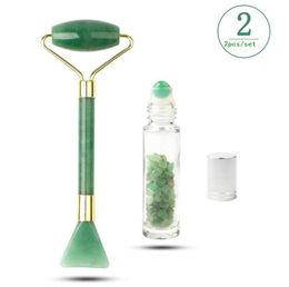 2 IN 1 Kit Slim Chin Anti aging Facial Natural Jade Roller Green For Face Massager With Essential Oil Bottle