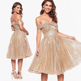 Champagne Short Prom Dresses Off Shoulder Gold Glitters Knee Length Plus Size Evening Gowns Cooktail Party Dress