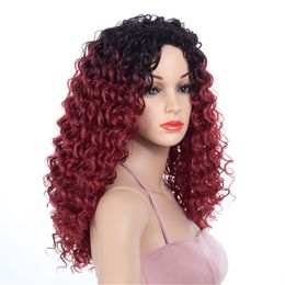 16 Inch Ombre Black Colour Medium Wigs Red Afro Kinky Curly Synthetic Wig for Women Heat Resistant For African America Hair