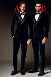 Latest Design Black Velvet Wedding Men Suits Peak Lapel Three Pieces Business Groom Tuxedos (Jacket+Pants+Vest+Tie) W1098