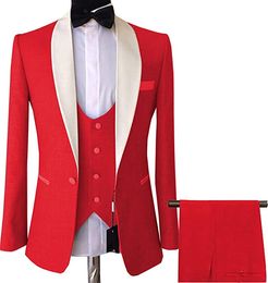 Red One Button Groomsmen Shawl Lapel Wedding Groom Tuxedos Men Suits Wedding/Prom/Dinner Best Man Blazer(Jacket+Vest+Pants)