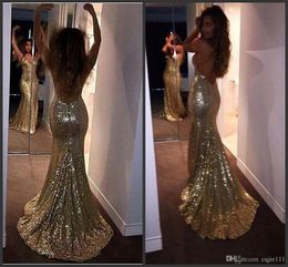 New Sexy Champagne Sequin Mermaid Prom Dresses Spaghetti Backless Prom Dresses Long Dress Evening Wear Formal Dress Evening Gowns ogstuff