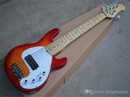 Factory custom 6 Strings Electric Bass with White Pearl Pickguard,Flame Maple Veneer,Chrome Hardware,offer Customised