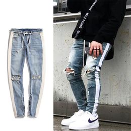 Men blue & black hip hop Knee Ripped Skinny Jeans Streetwear White strip stitching Ankle zipper Casual Destroyed Denim Pants