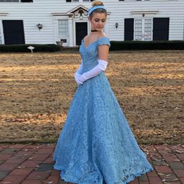 2019 Elegant Sky Blue Lace Long Prom Dresses Off The Shoulder Lace Appliques Beading Party Gowns Zipper Back Evening Dress