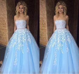 Blue White Lace Special Occasion Dresses Prom Dress 2019 Strapless Beaded Sashes Formal Elegant Evening Dress Gowns Party Long Cheap 2019