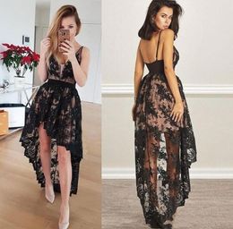 Black Lace Prom Dresses Hi Lo Vintage Formal Evening Gowns V Neck Zip Back African Girls Dress