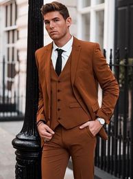 Slim Fit Brown Groom Tuxedos Notch Lapel Groomsman Wedding Tuxedos Fashion Men Prom Jacket Blazer 3 Piece Suit(Jacket+Pants+Tie+Vest) 81