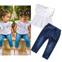 2Pcs Toddler Kid Baby Girl Clothes Solid Cotton Linen Off Shoulder Sleeve Top Shirt Denim Ripped Pants With Pearl Outfit 3-8Y