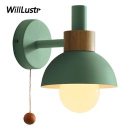 Nordic Macaron Wall Lamp Iron Wood Torch Sconce Hotel Restaurant Porch Corridor Bedside Vanity Light Pink Green Yellow Lighting