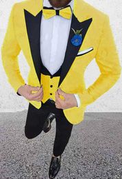 Brand New Yellow Groom Tuxedos Black Peak Lapel Groomsmen Mens Wedding Dress Fashion Man Jacket Blazer 3Piece Suit(Jacket+Pants+Vest+Tie)813