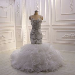 인어 웨딩 비즈 드레스 섹시한 스파게티 넥 계층 타이어 신부 가운 플러스 크기 로브 드 소리