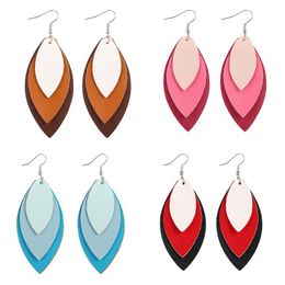 New Fashion Designer PU Leather Multilayer Leaf Dangle Earring for Women Girls Oval Shape Silver Plated Hook Drop Earring Christmas Jewelry