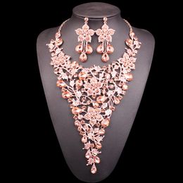 Элегантный большой цветок свадебные ювелирные наборы Кристалл заявление ожерелье серьги наборы Индийский свадебный костюм ювелирные изделия подарки для женщин