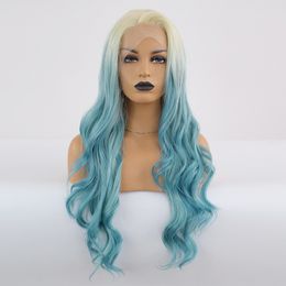 Synthetic Wigs Wholale Body Curly Lace Front Wig Ombre Blue Hair Heat Ristant Fibers Synthetic Lace Front Wig Gluel Half Hand Tied for All Women