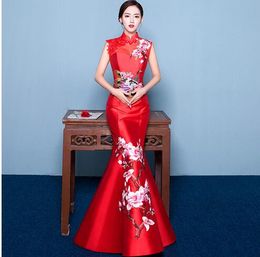china fashion dress NZ - 2019 Mermaid Tail Asian style Short Sleeve Fashion Red Embroidery Bride Wedding Qipao Long Cheongsam Chinese Traditional Dress Retro