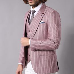 Stripe Pink Wedding Tuxedos Mens Evening Party Men Suits Slim Fit Custom Made Wedding Blazer (Jacket+Vest)