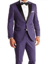 Purple Mens Wedding Tuxedos Black Peak Lapel Groom Groomsmen Tuxedos Popular Man Blazers Jacket Excellent 2 Piece Suit(Jacket+Pants+Tie)363